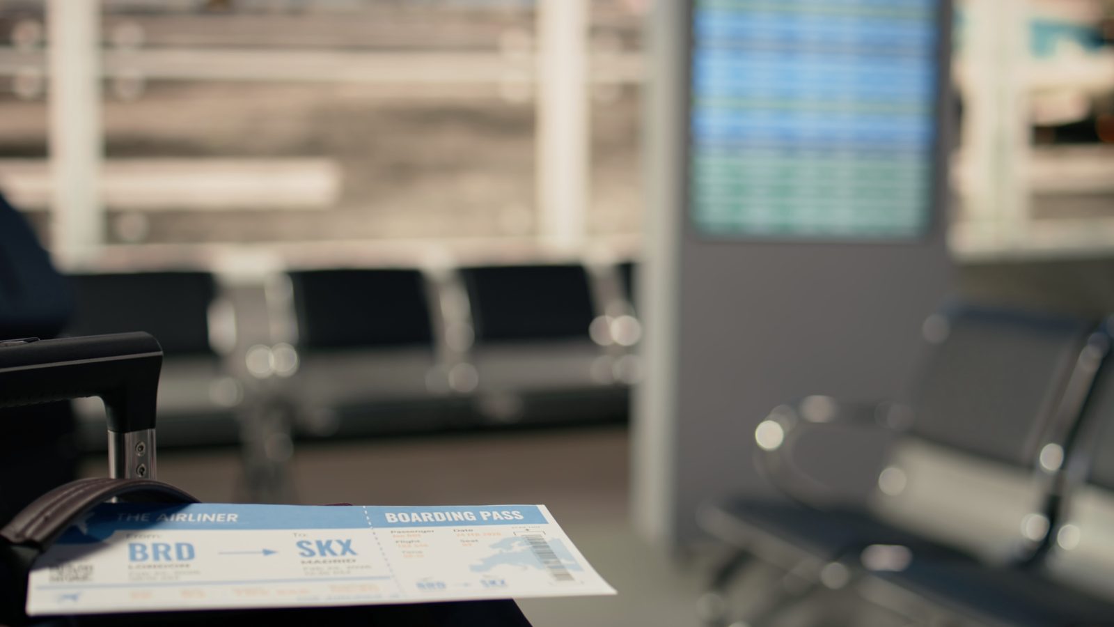 A boarding pass resting on a suitcase handle in an empty airport departure lounge, with a blurred flight information board behind