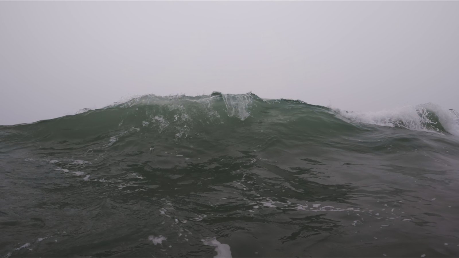 A large grey-green wave breaking under a grey, overcast sky at sea